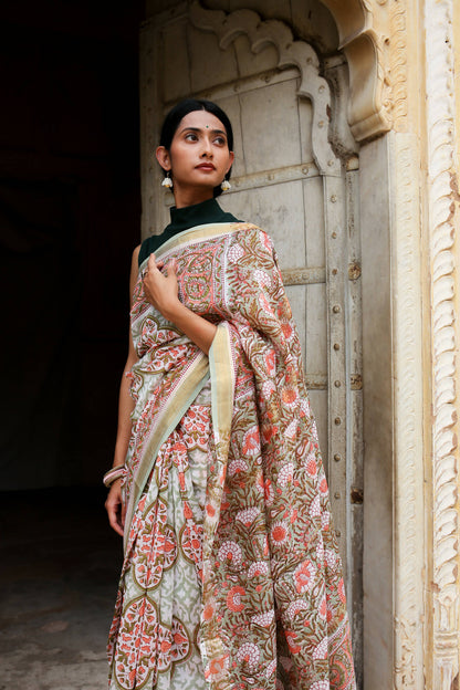 Garden of Symphony - Hand Block Print Maheshwari Silk Saree