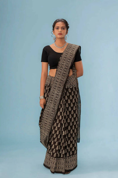 Roheen Black - Hand Block Print Natural Dyed Saree