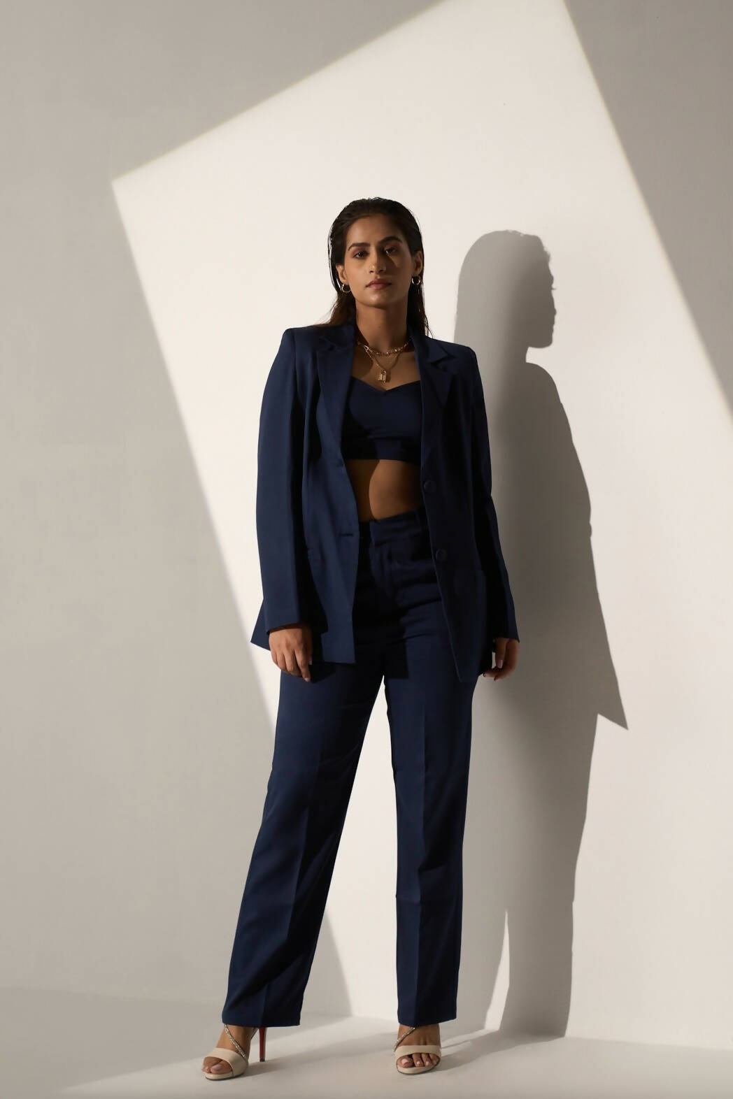 High Powered Dark Blue Blazer With Straight Pants - Set