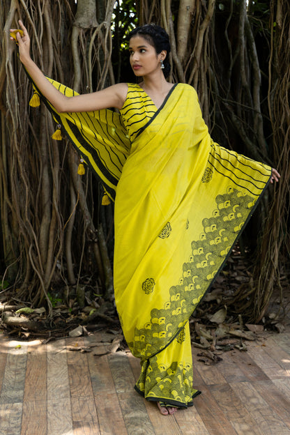 Beira Mar Mul Cotton Yellow Saree