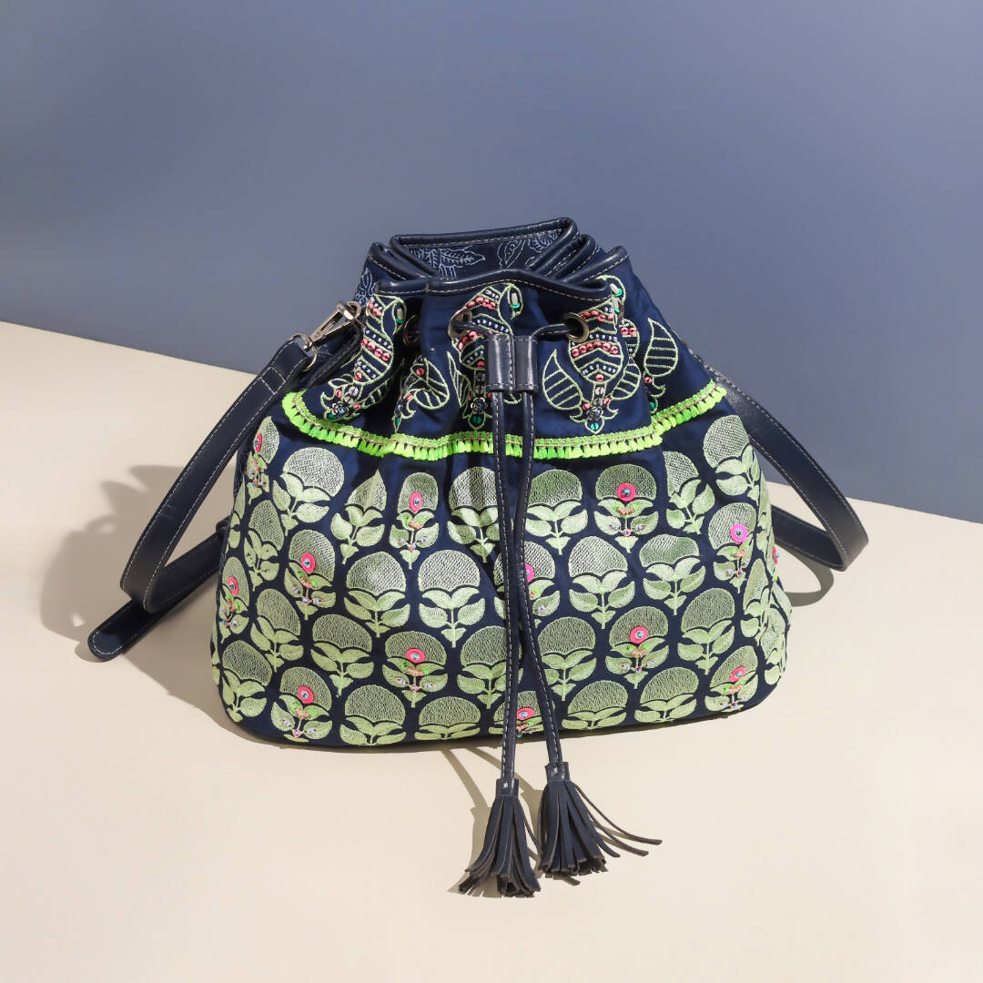 Navy Artisan-Crafted Embroidered Drawstring Bag