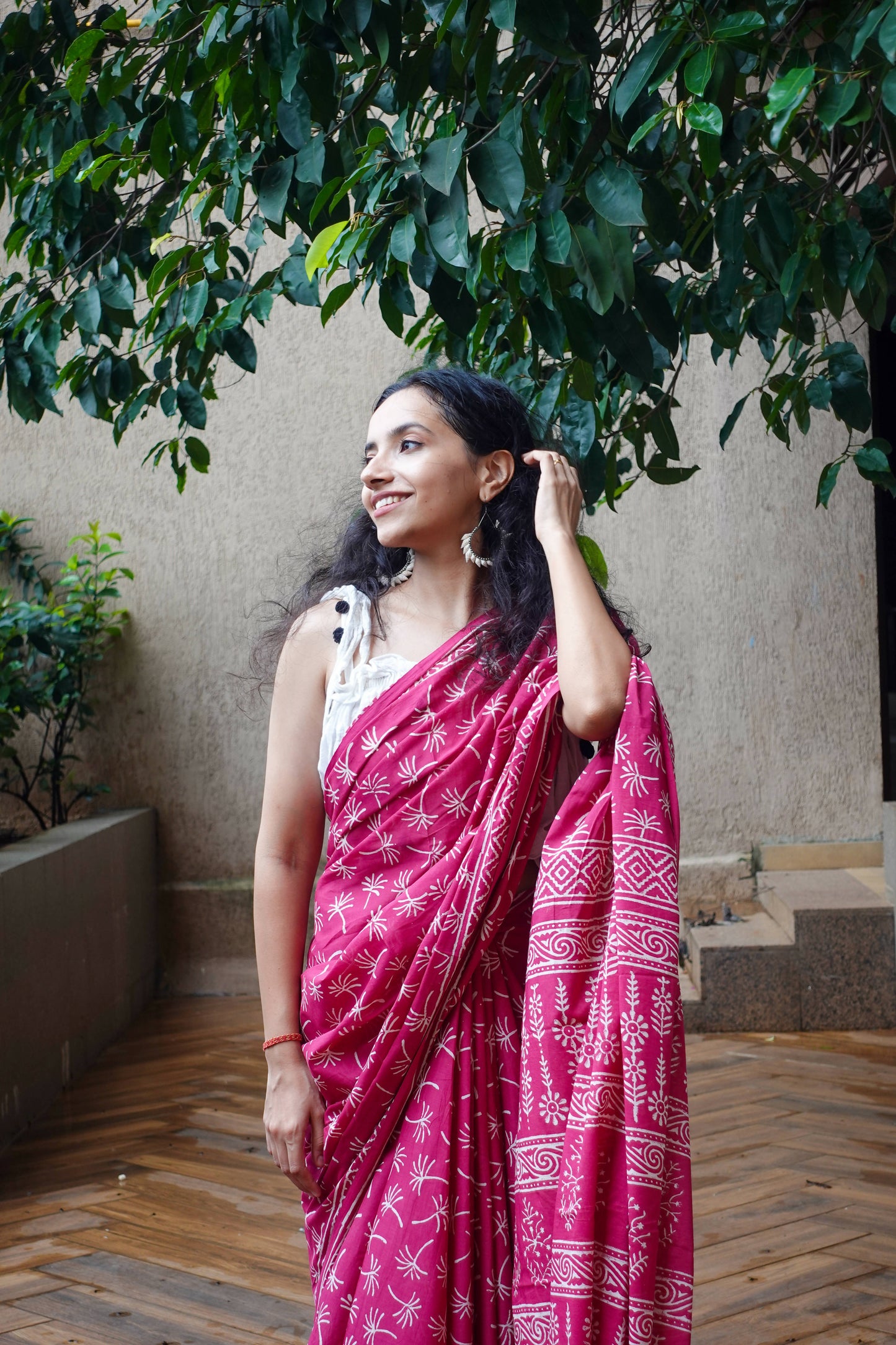 Dandelions in the Sky - Hand Block Print Mulmul Cotton Bagru Saree