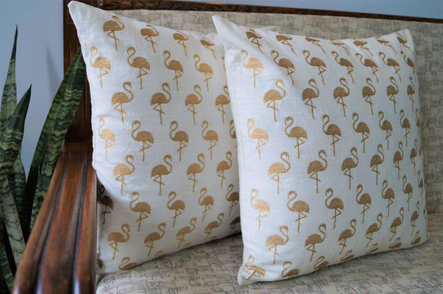 Flamingo Cushion Cover Ivory with Gold Embroidery