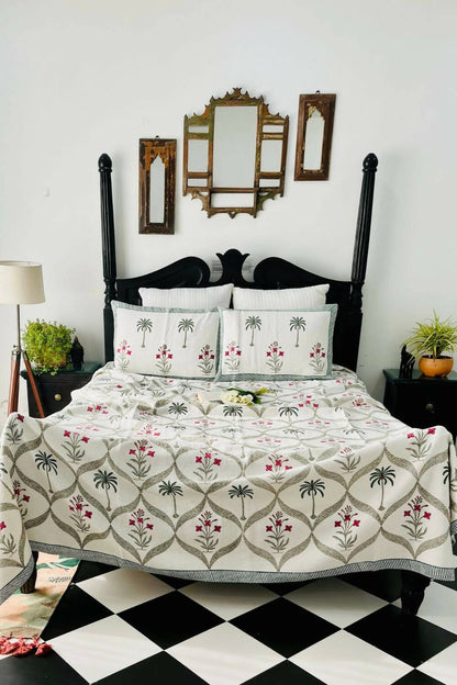 Palm Jaal Handblock Printed Jacquard Bedcover