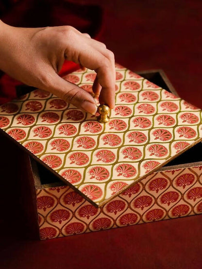 Box Wooden Printed Moroccon Red and Gold Motif