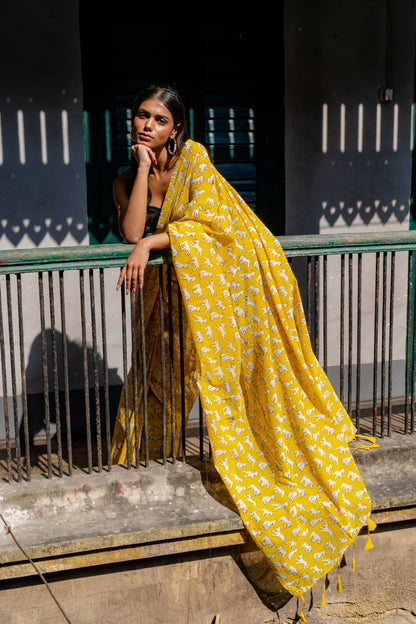 Snowy Yellow Cotton Printed Saree