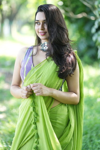 Garden of Words Lime Green Tassel Saree