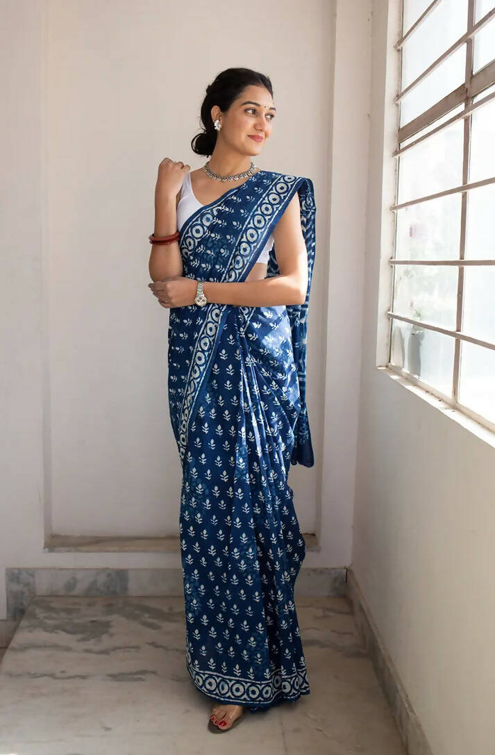 Bombay Indigo - Dabu Hand Block Print Mulmul Cotton Bagru Saree