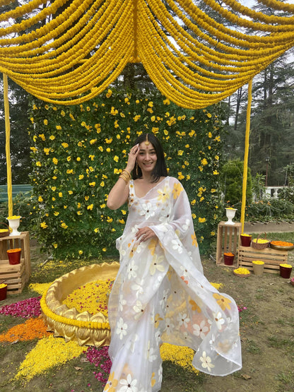 Daisy Organza Handpainted Yellow Saree