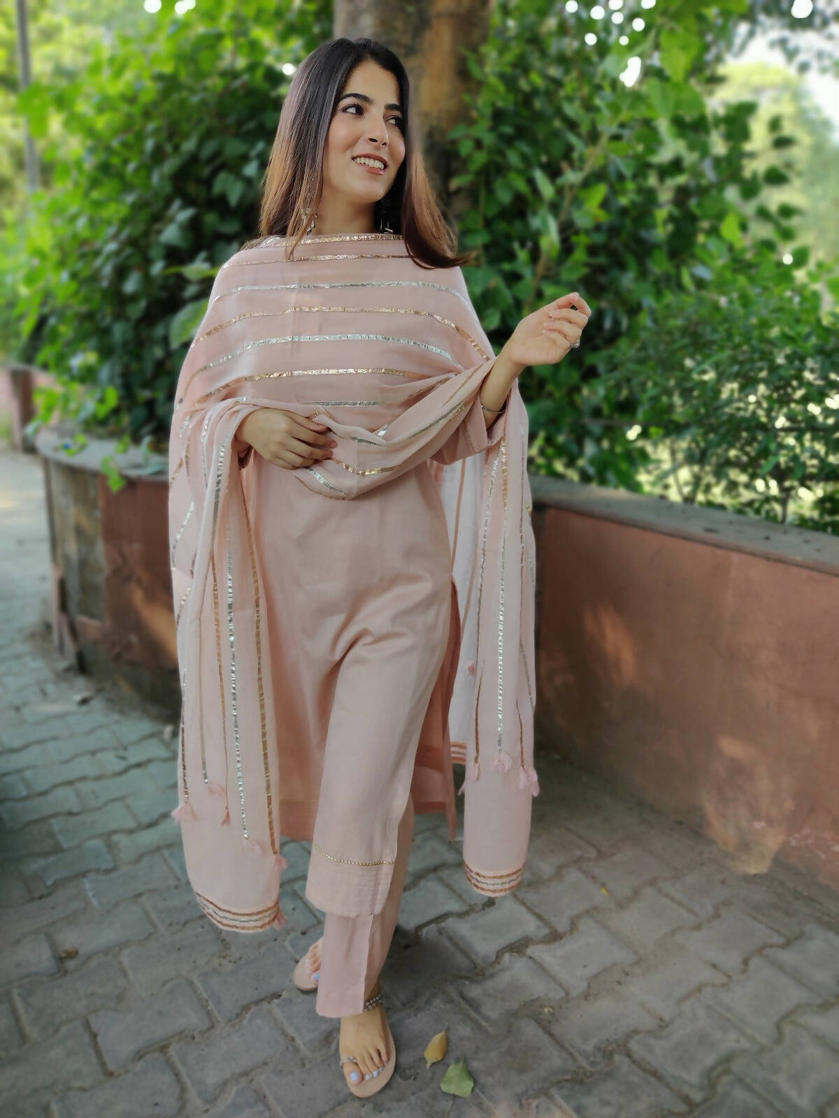 Nude Pink Cotton Dupatta Set