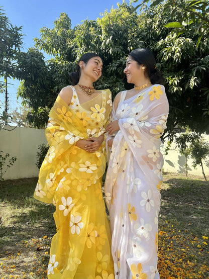 Daisy Organza Handpainted Yellow Saree