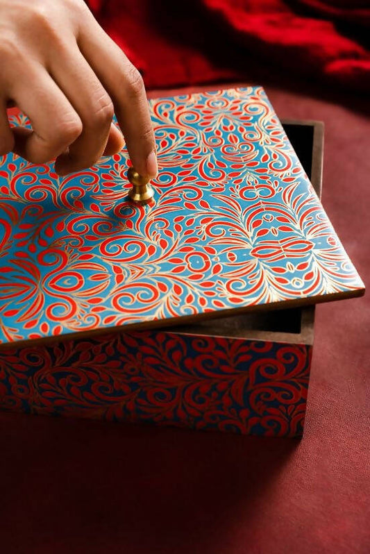 Box Wooden Printed Paisley Blue and Gold
