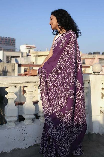 Enchanted Grape - Hand Block Print Mulmul Cotton Bagru Saree