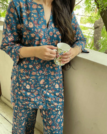 Regal Blue Printed Two Piece Loungewear