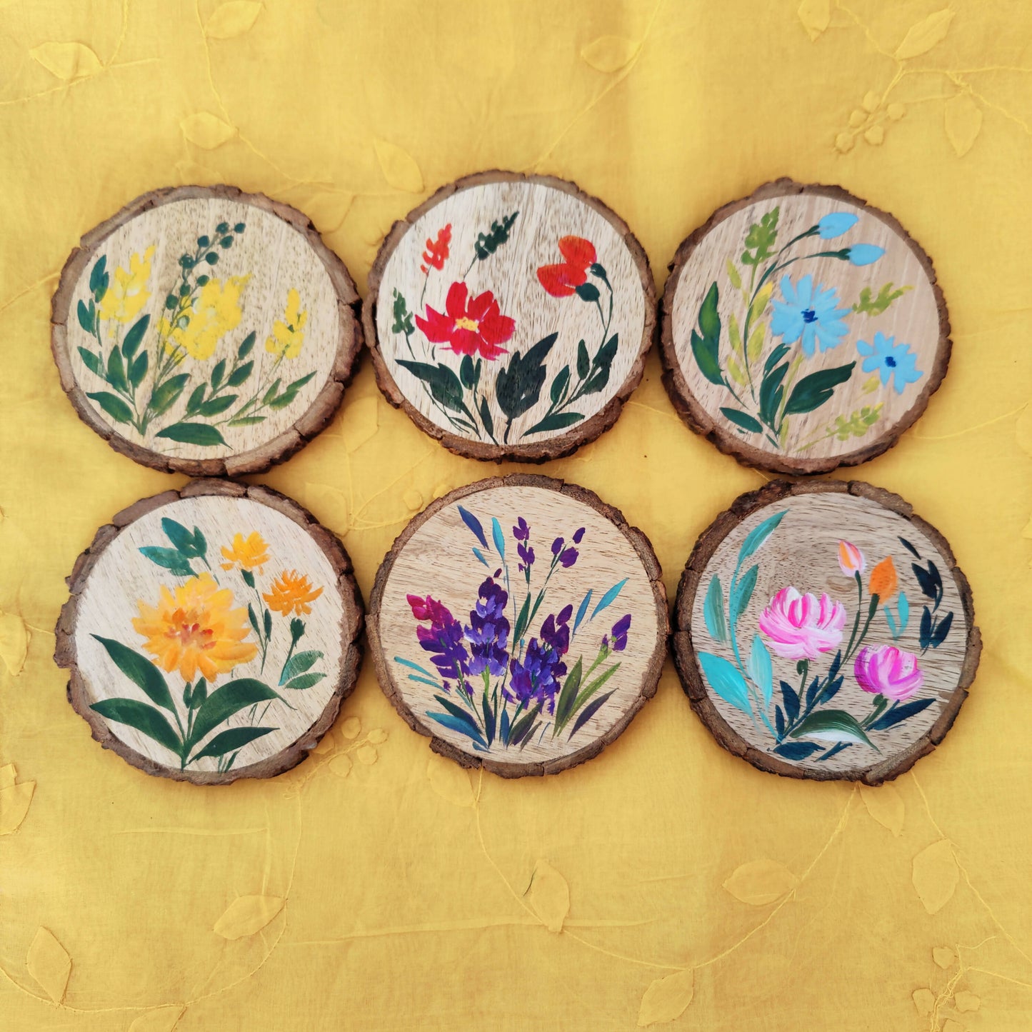 Handpainted Bark Coasters (Floral Set 4)- Set of 6