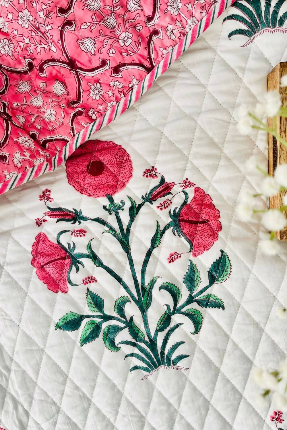 Pink Poppy Handblock Printed Reversible Quilted Bedcover