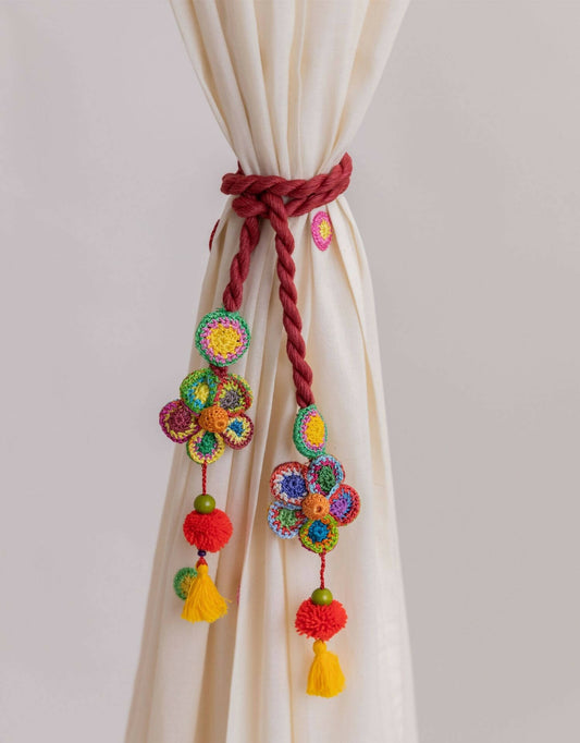 Crochet Curtain Tie Backs Set Kono Multicolour Flower Bead Tassel