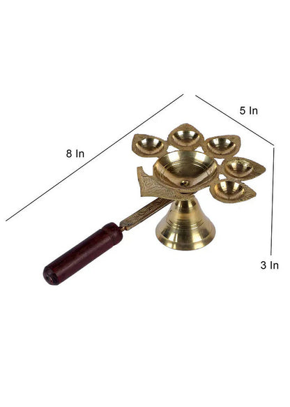 Brass Panch Aarti with Wooden Handle