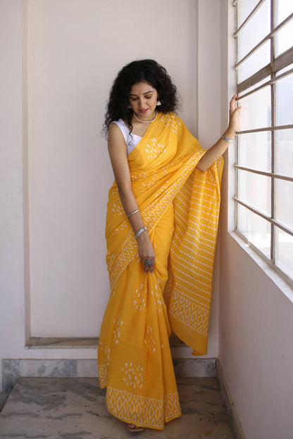 Drizzle in Backyard - Hand Block Print Mulmul Cotton Bagru Saree