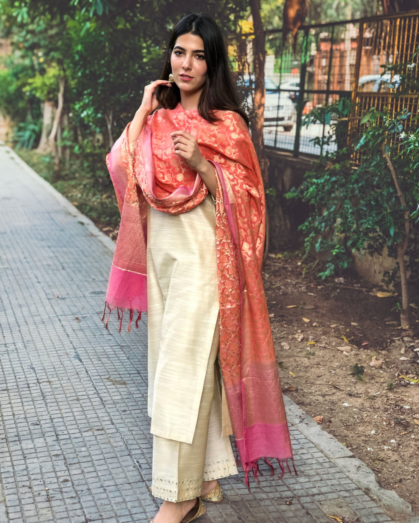 Beige Cotton Silk Set