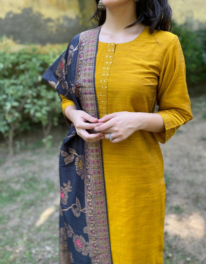 Mustard Yellow Cotton Silk Set