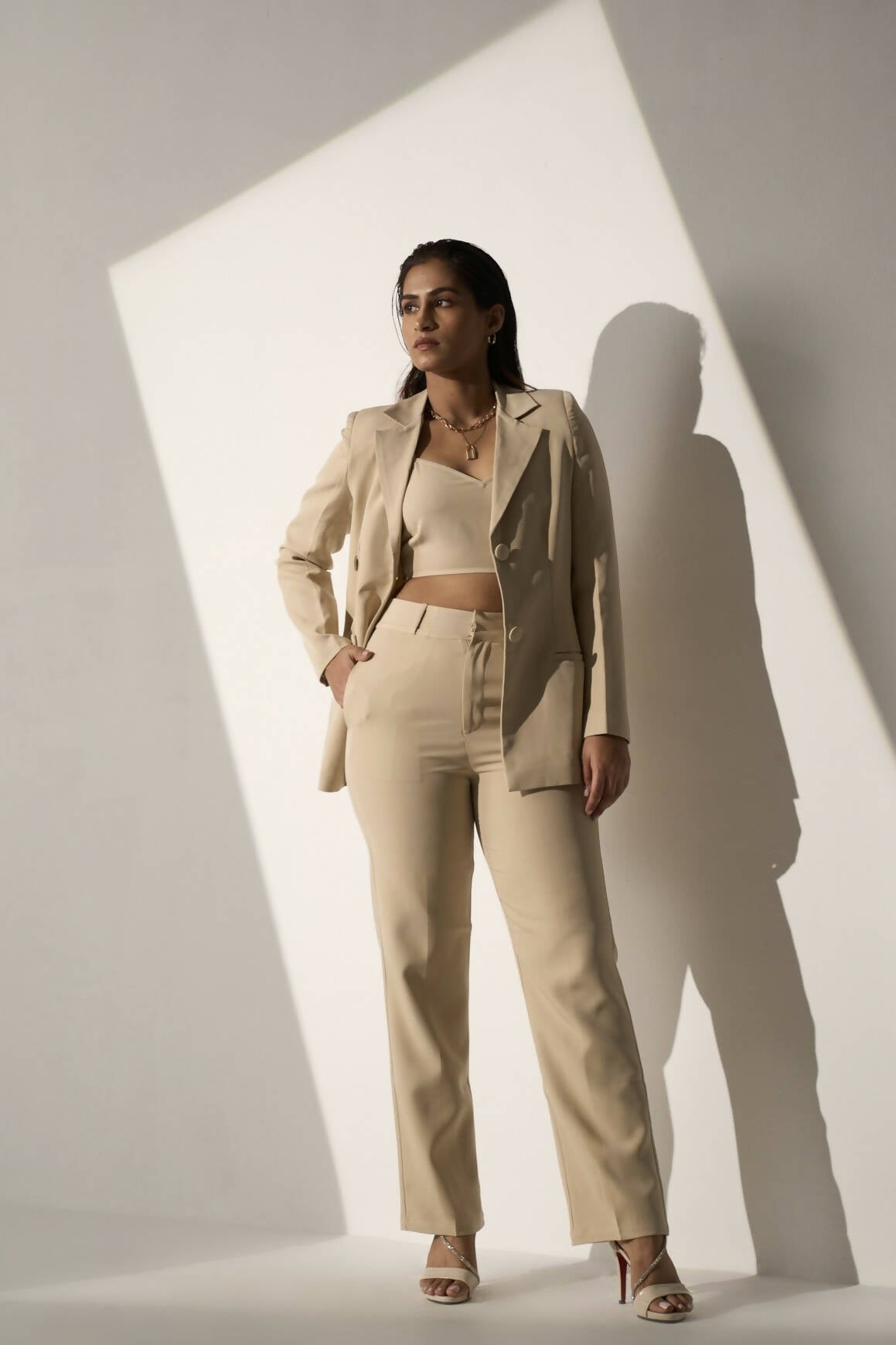 Stronger Now Beige Blazer With Straight Pants Set