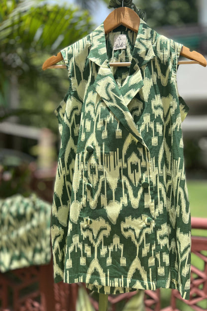 Pine Green Ikat Double Breasted Long Blazer - Shorts Set