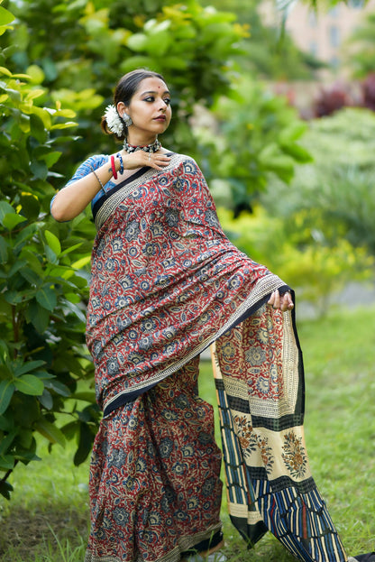 Rosy Affair- Hand Block Print Mulmul Cotton Saree