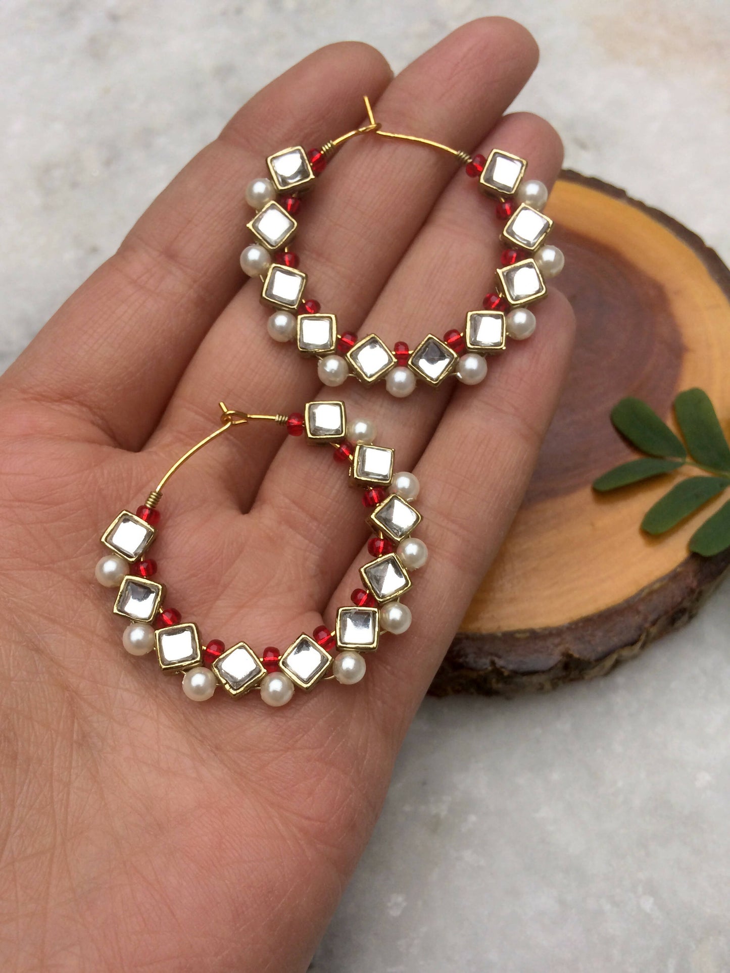 Square Kundan Beaded Hoops