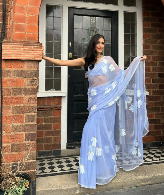 Ash Blue Half-Daisies Chiffon Saree