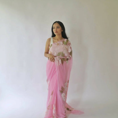 Hibiscus Chiffon Saree In Pink Base