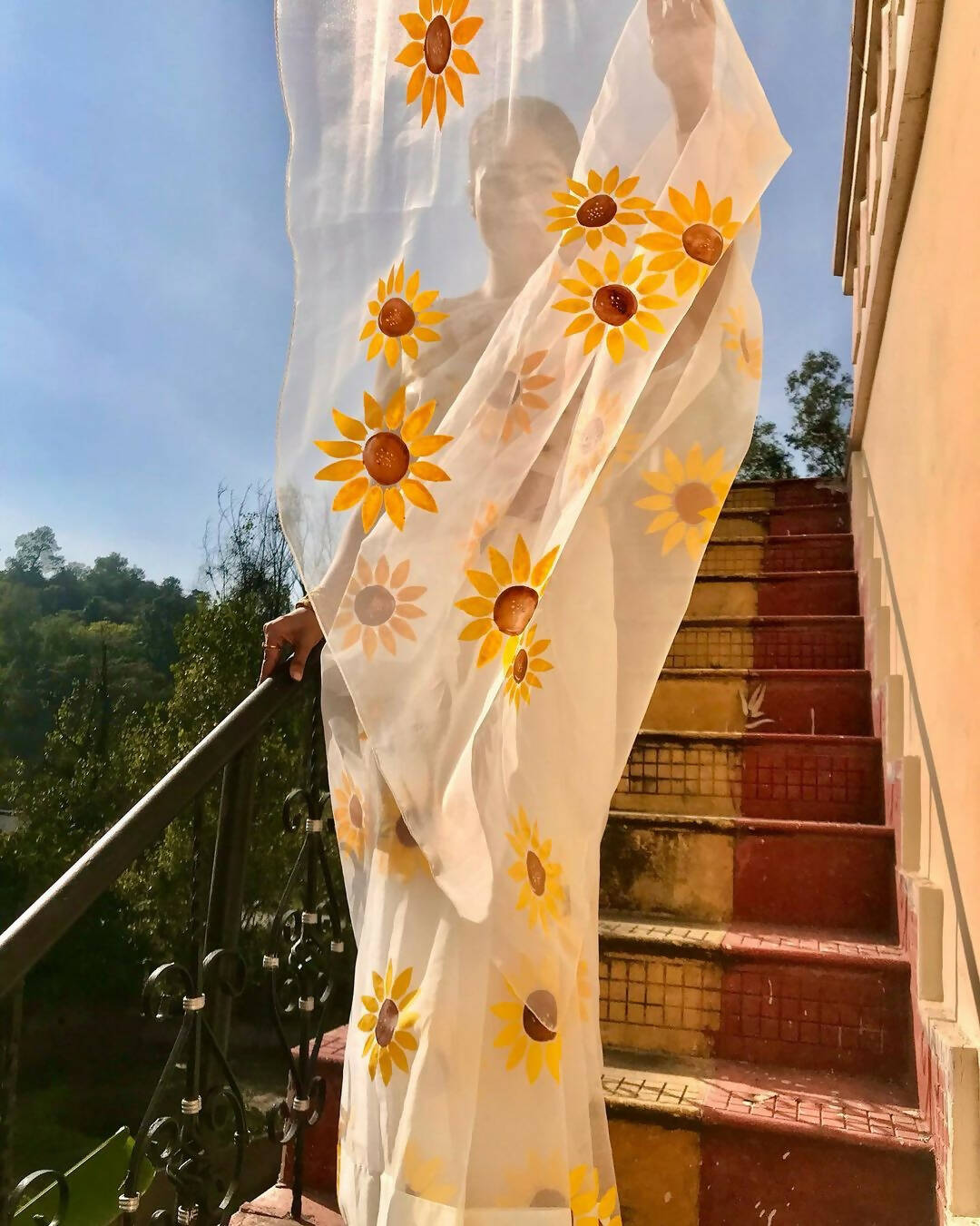 Sunflower Organza Handpainted Saree