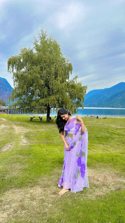 Lavender Hibiscus Chiffon Saree