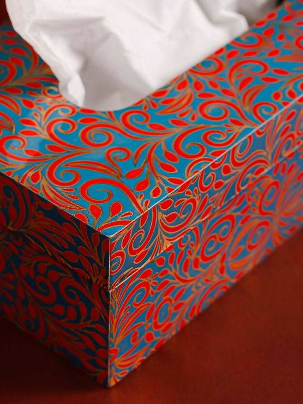 Tissue Box Wooden Printed Paisley Blue and Gold