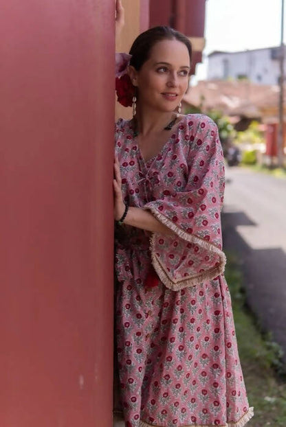 Pink Peonies - Handblock Printed Midi Dress