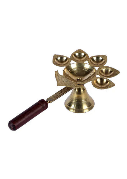 Brass Panch Aarti with Wooden Handle