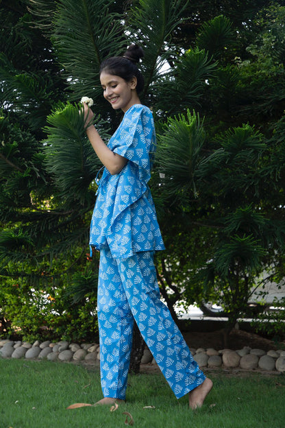 Aquamarine Hand Block Printed Kaftan Jammies set