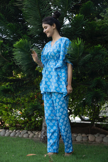 Aquamarine Hand Block Printed Kaftan Jammies set