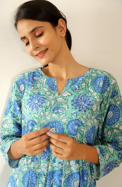 Arubani Hand Block Print Long Gathered Kurta