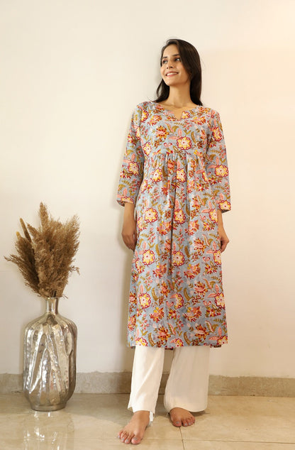 Pomana Handblock Print Long Gathered Kurta