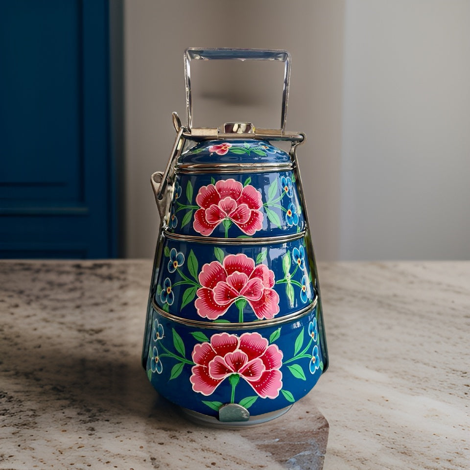 Blue hand painted 3 Tier Stainless Steel Tiffin