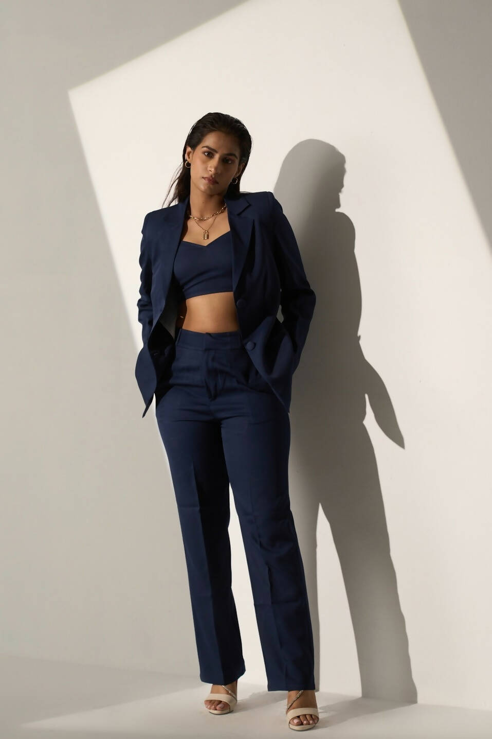 High Powered Dark Blue Blazer With Straight Pants - Set