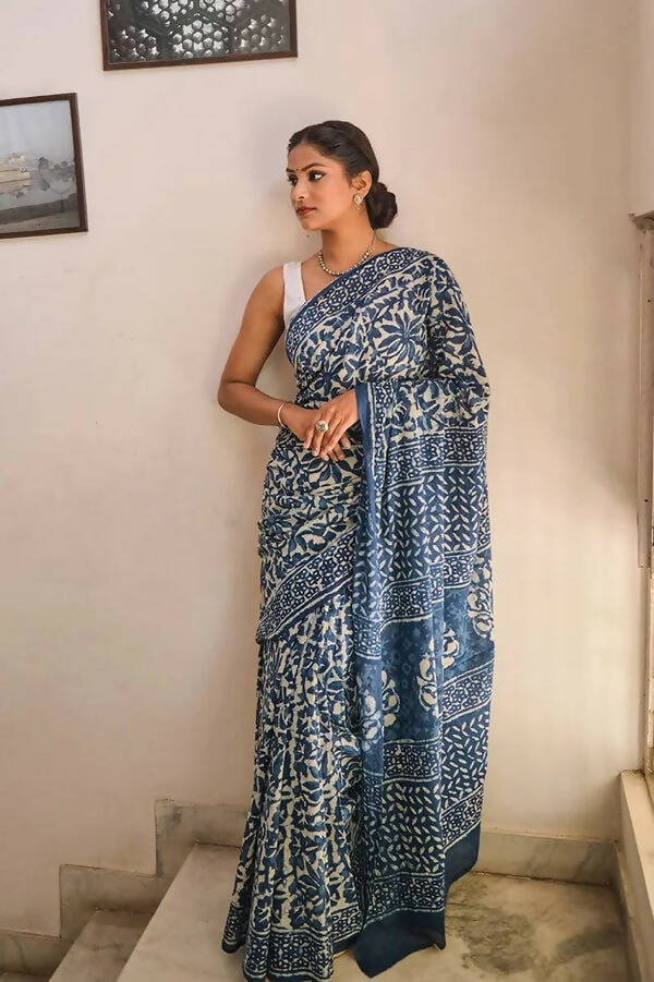 Take Me Back To Benaras - Indigo Dabu Hand Block Printed Mulmul Cotton Bagru Saree