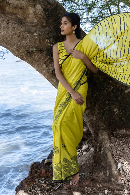 Beira Mar Mul Cotton Yellow Saree