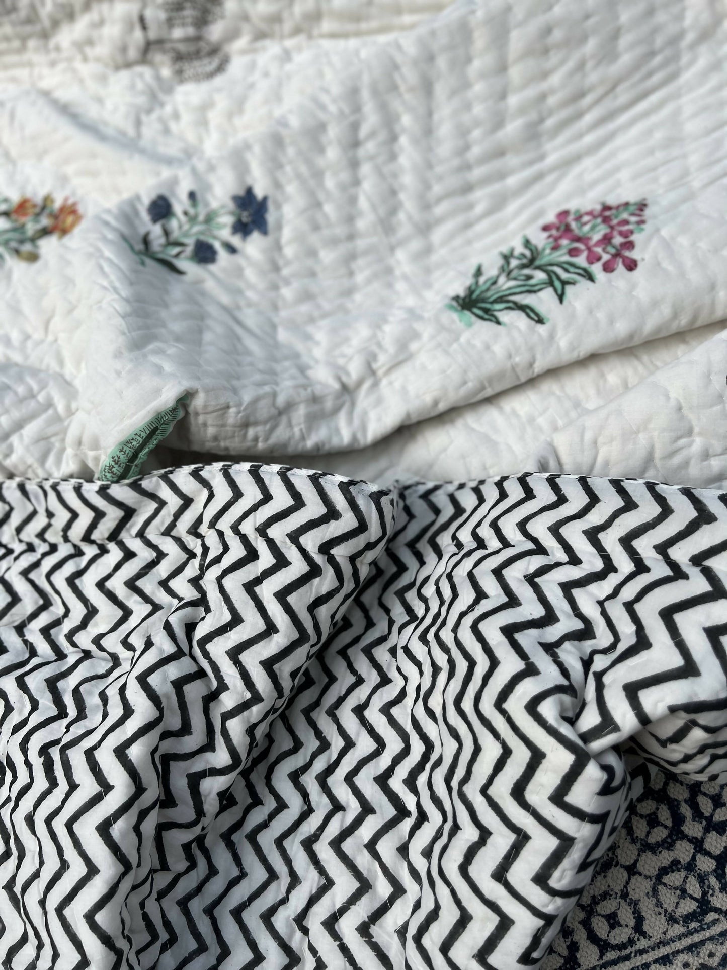 Reversible Hand Block Quilt | Black Zig-zag