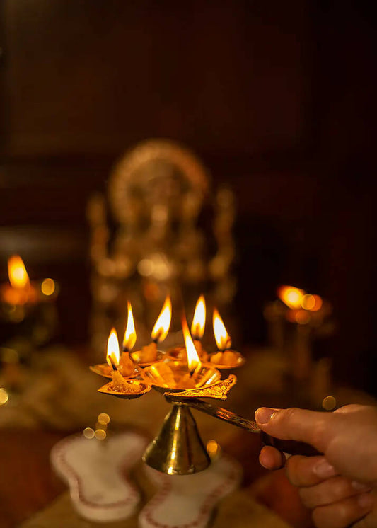 Brass Panch Aarti with Wooden Handle