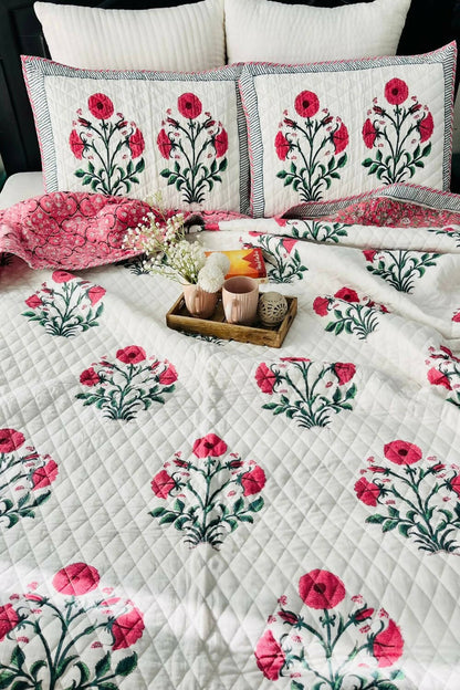 Pink Poppy Handblock Printed Reversible Quilted Bedcover