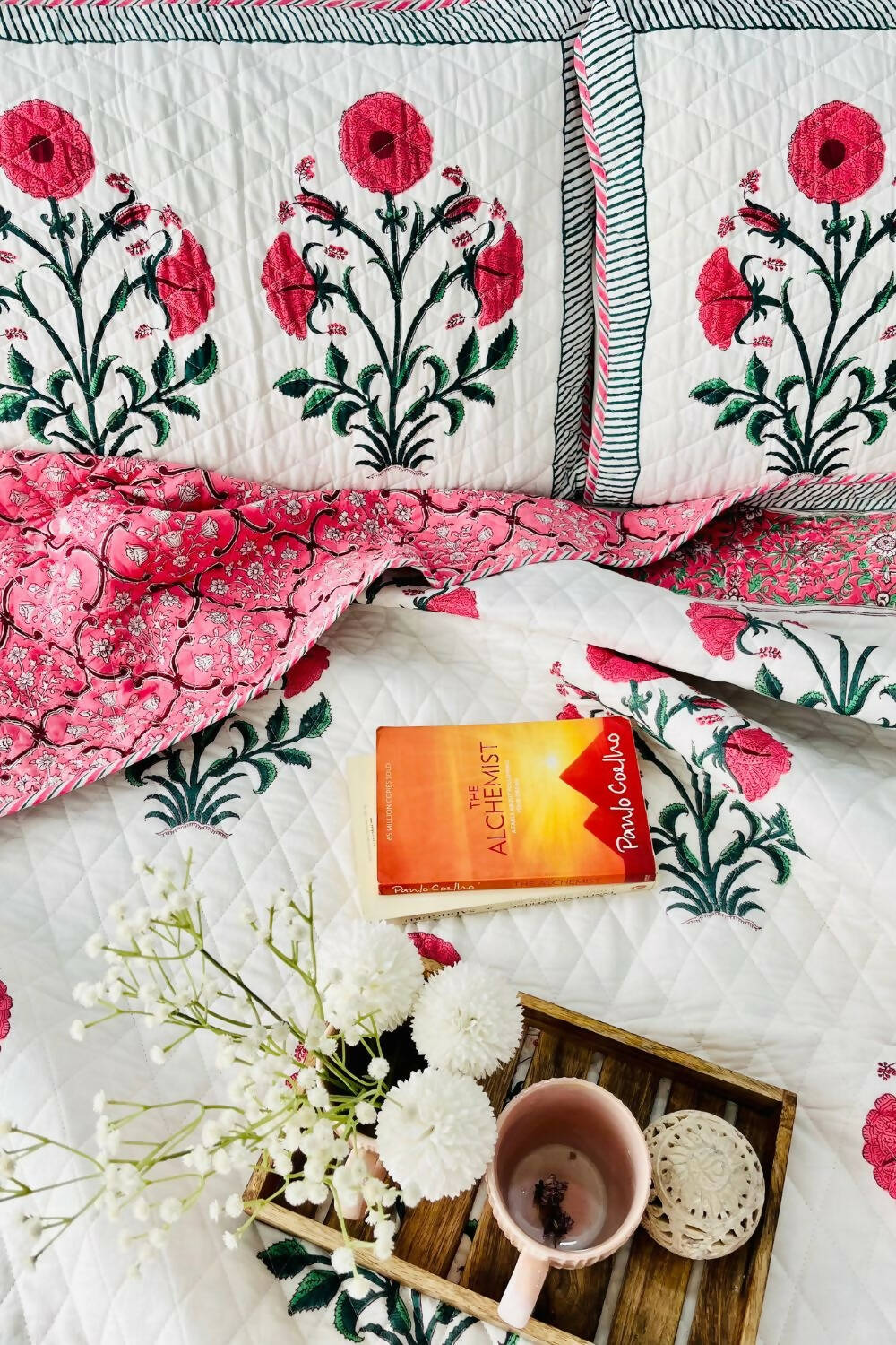 Pink Poppy Handblock Printed Reversible Quilted Bedcover