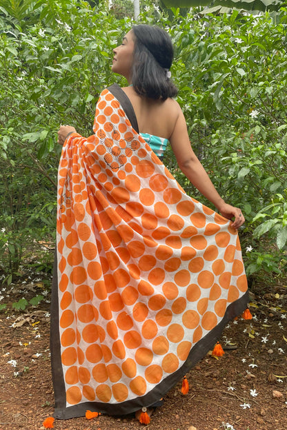 Hornbill Mul Cotton Orange Saree