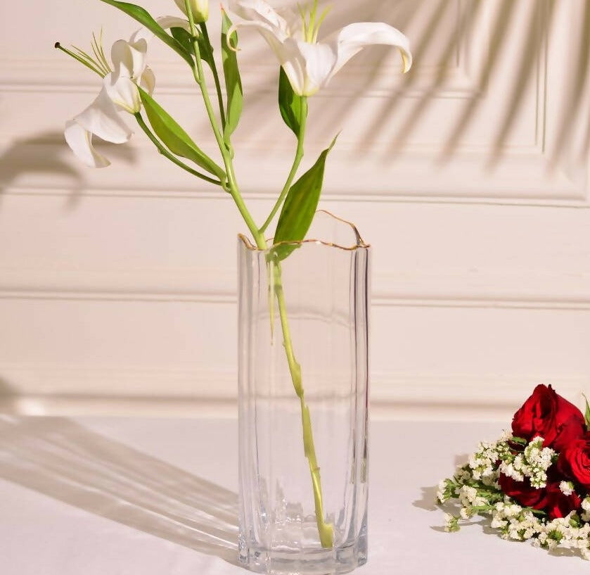 Elate Abstract Glass Vase with Gold Rim | Clear